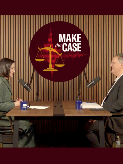 Screenshot from Make the Case podcast episode featuring Carmen King and Abdi Soltani in studio, sitting across from each other at a table with mics, with podcast logo featuring the scales of justice with audio file between them