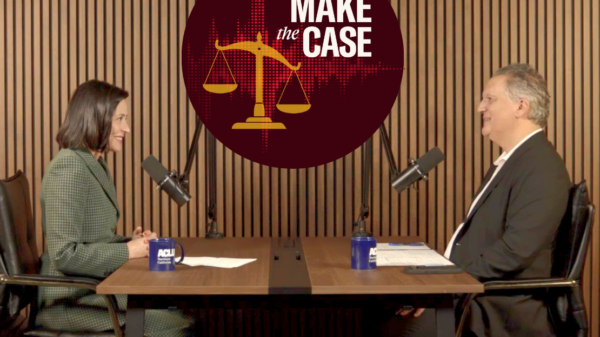 Screenshot from Make the Case podcast episode featuring Carmen King and Abdi Soltani in studio, sitting across from each other at a table with mics, with podcast logo featuring the scales of justice with audio file between them