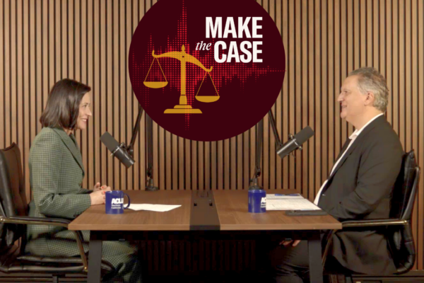 Screenshot from Make the Case podcast episode featuring Carmen King and Abdi Soltani in studio, sitting across from each other at a table with mics, with podcast logo featuring the scales of justice with audio file between them