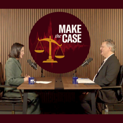 Screenshot from Make the Case podcast episode featuring Carmen King and Abdi Soltani in studio, sitting across from each other at a table with mics, with podcast logo featuring the scales of justice with audio file between them